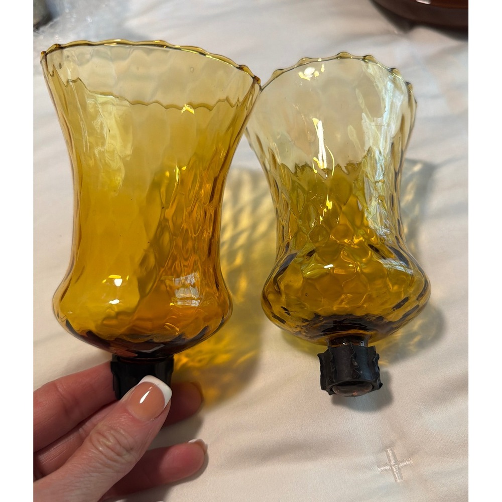 Vintage Amber Glass Hurricane Candle Chimney Pair Diamond Optic Scalloped Mexico